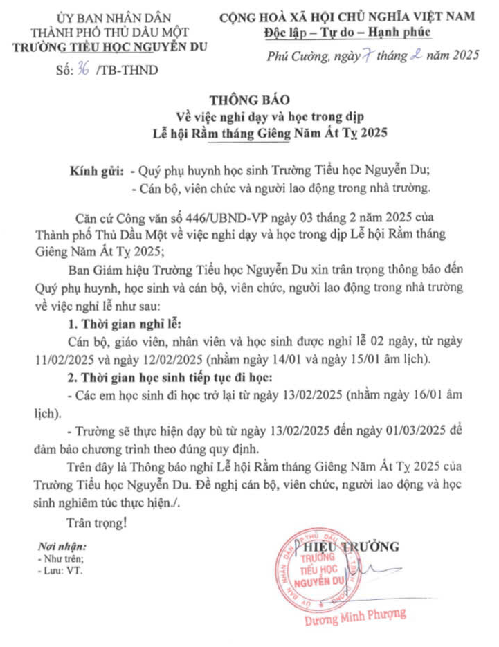 THÔNG BÁO VỀ VIỆC NGHỈ DẠY VÀ HỌC TRONG DỊP LỄ HỘI RẰM THÁNG GIÊNG NĂM ẤT TỴ 2025